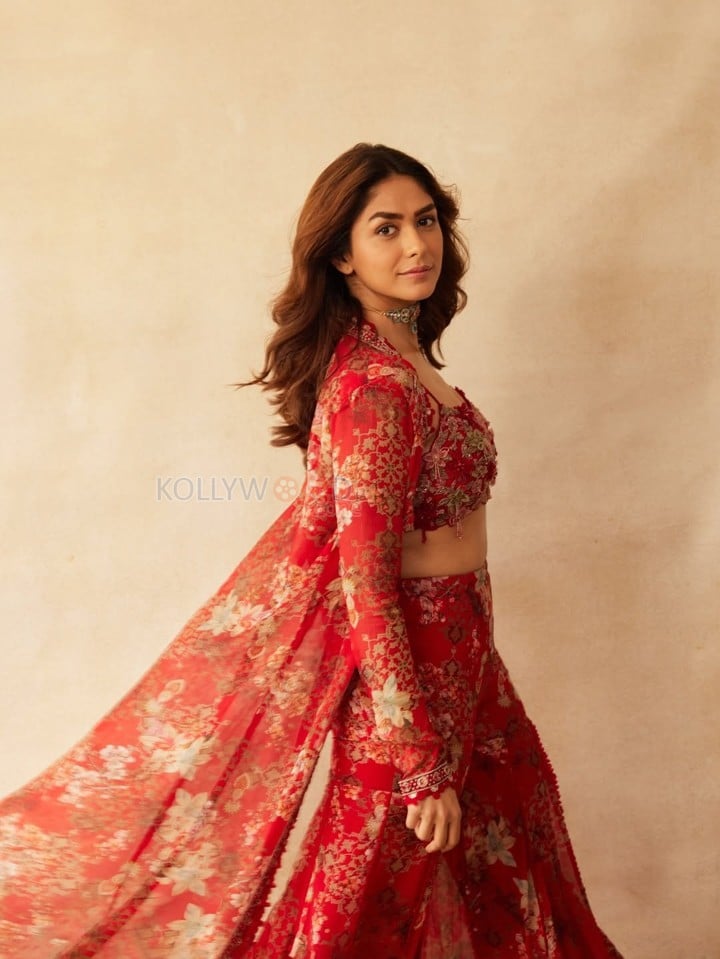 Sexy Mrunal Thakur in a Floral Embroidered Crop Top and Wide Legged Pants with a Sheer Overlay Photos 04