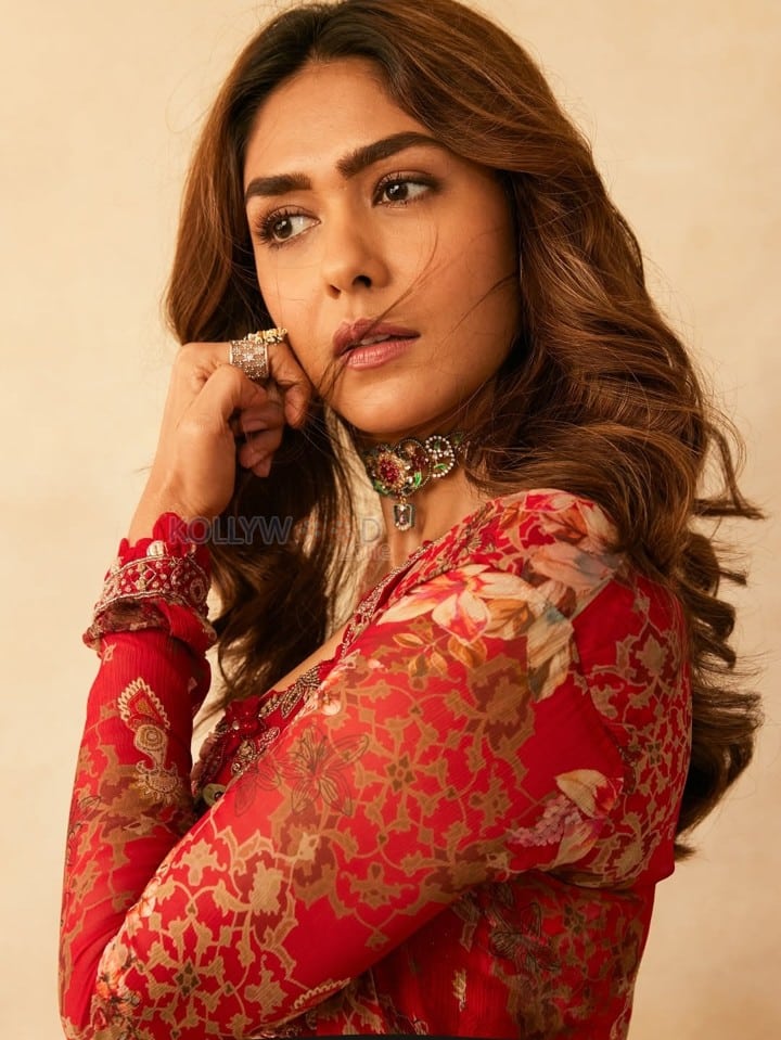 Sexy Mrunal Thakur in a Floral Embroidered Crop Top and Wide Legged Pants with a Sheer Overlay Photos 05