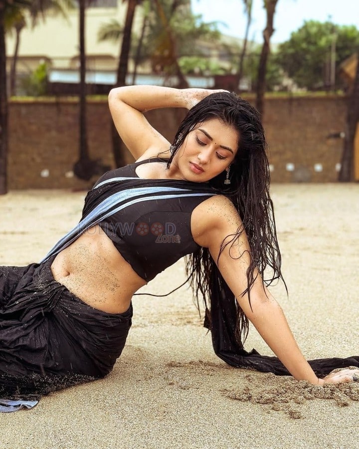Sexy Rashi Singh Navel in Black Saree Beach Photos 04