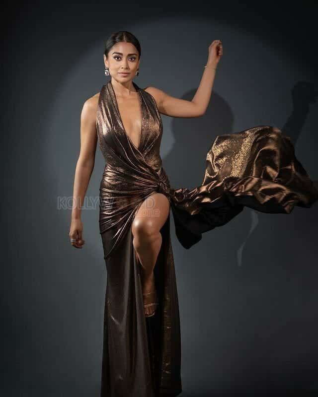 Sexy Shriya Saran in a Golden Dress Pictures 02