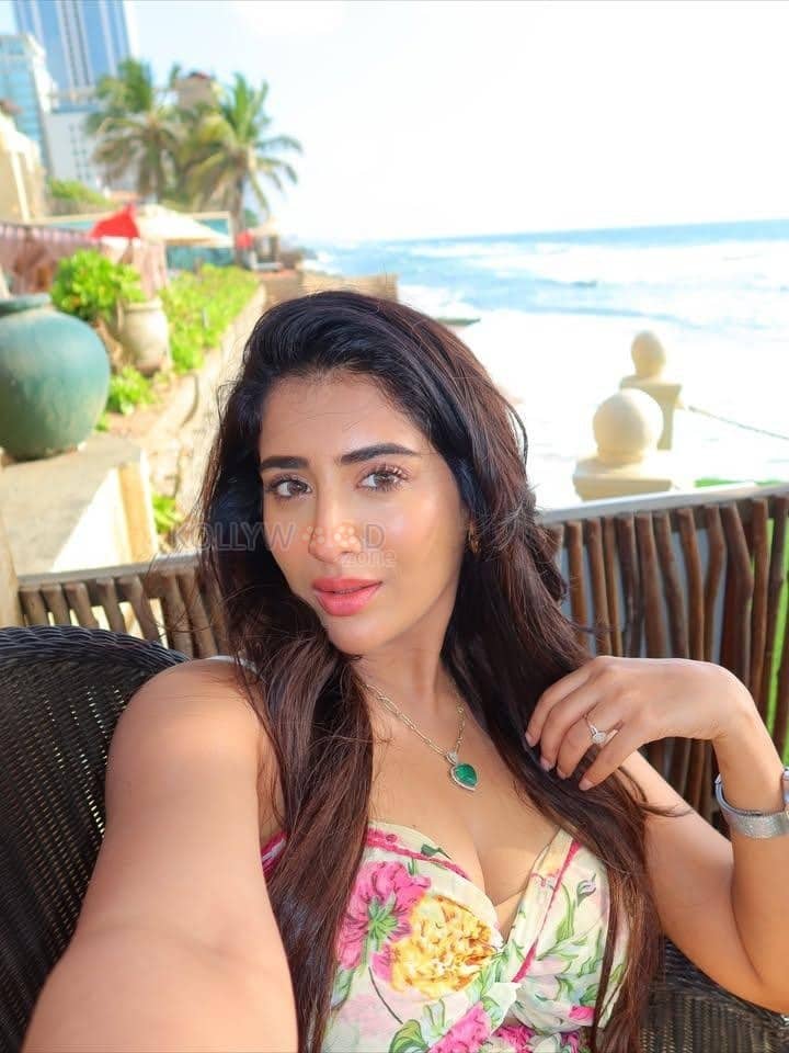 Sexy Telugu Actress Rashi Singh in a Light Pink and Yellow Printed Sleeveless Maxi Dress Photos 02