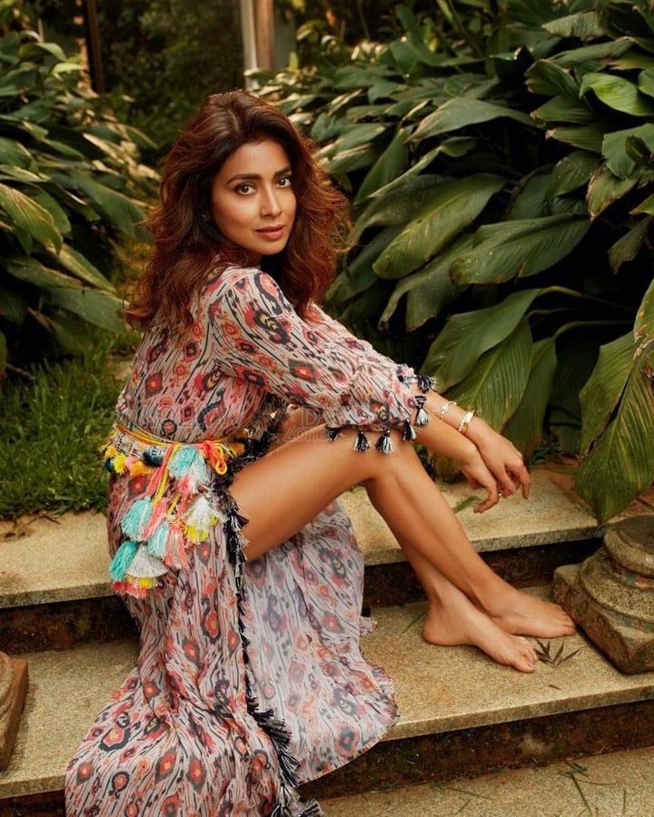 Sizzling Beauty Shriya Saran in a Printed Dress Photos 06