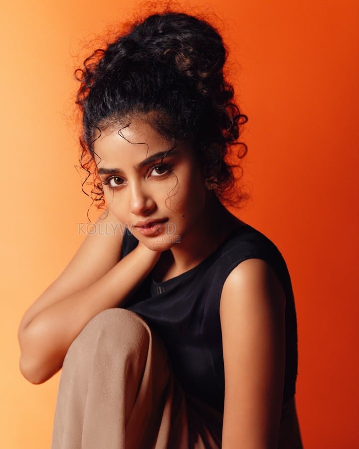 South Indian Actress Anupama Parameswaran in a Black Sleeveless Top and a Light Brown Ruffled Maxi Skirt Photos 08