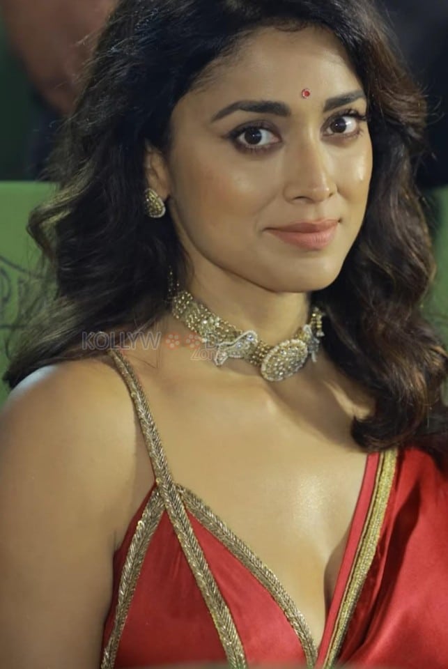 South Indian Beauty Shriya Saran in a Red Saree with Sleeveless Spaghetti Strap Blouse Pictures 01