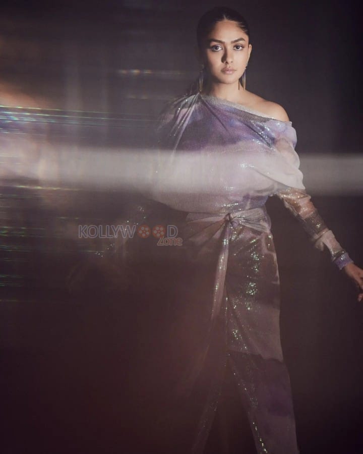 Sparkling Mrunal Thakur in a Purple Sequin Tulle Off Shoulder Dress Photoshoot Pictures 05