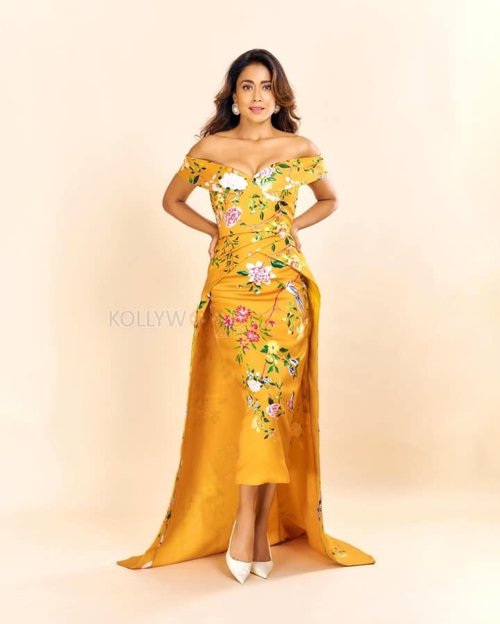 Summer Beauty Shriya Saran in a Yellow Off Shoulder Floral Dress Pictures 02