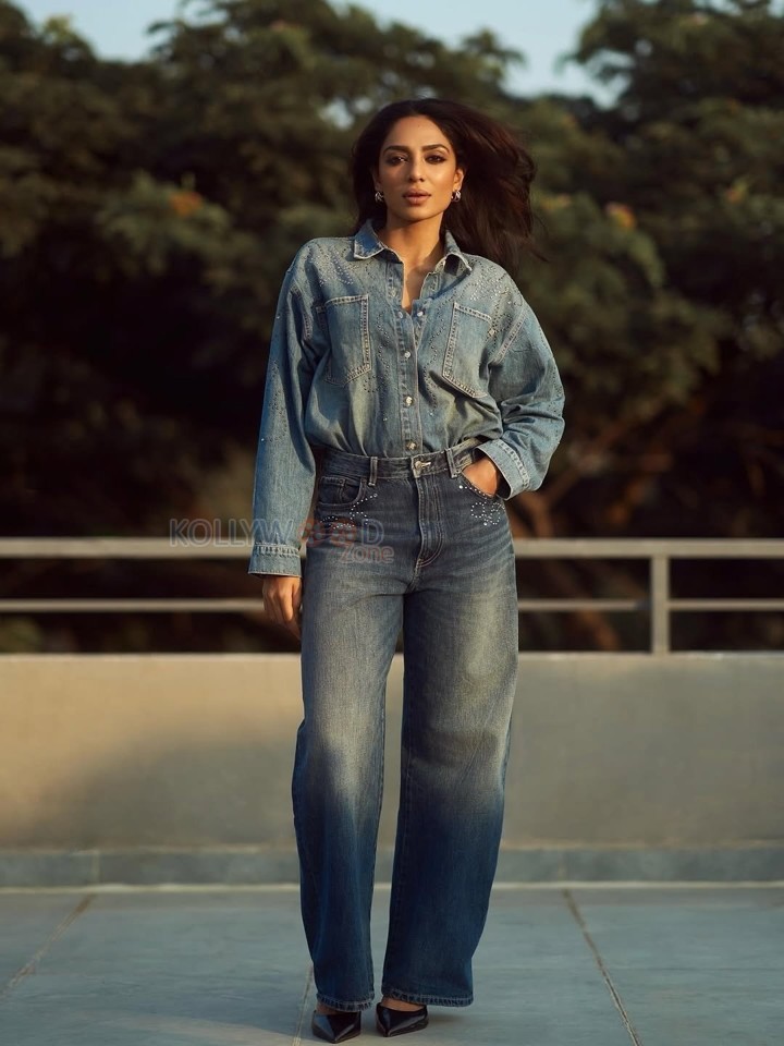 The Night Manager Actress Sobhita Dhulipala in a Denim Oversized Shirt with Wide Leg Jeans Photos 03