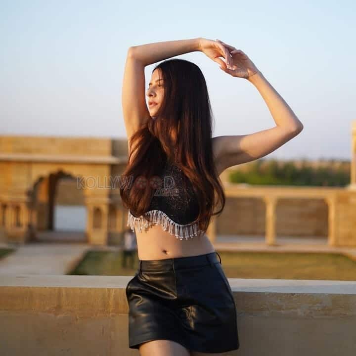 Vedhika Kumar in a Leather Bralette and Shorts Photoshoot Stills 01