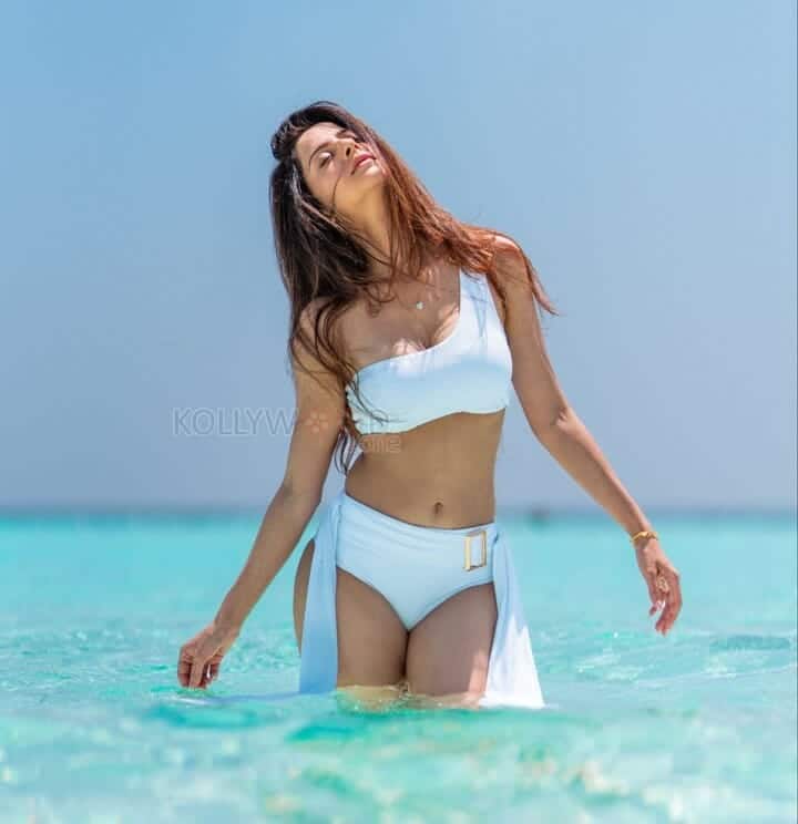 Vedhika in a White Bikini on the Beach Photos 02