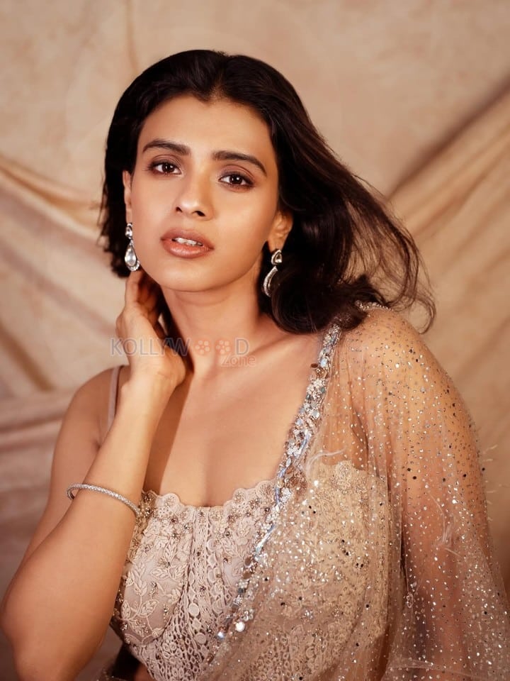 Beautiful Actress Hebah Patel in a See Through Shimmering Saree with a Sleeveless Blouse Photos 04