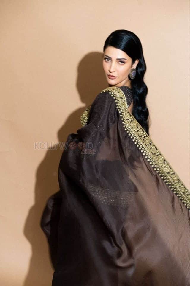 Beautiful Shruti Haasan in a Golden Brown Saree Photos 02