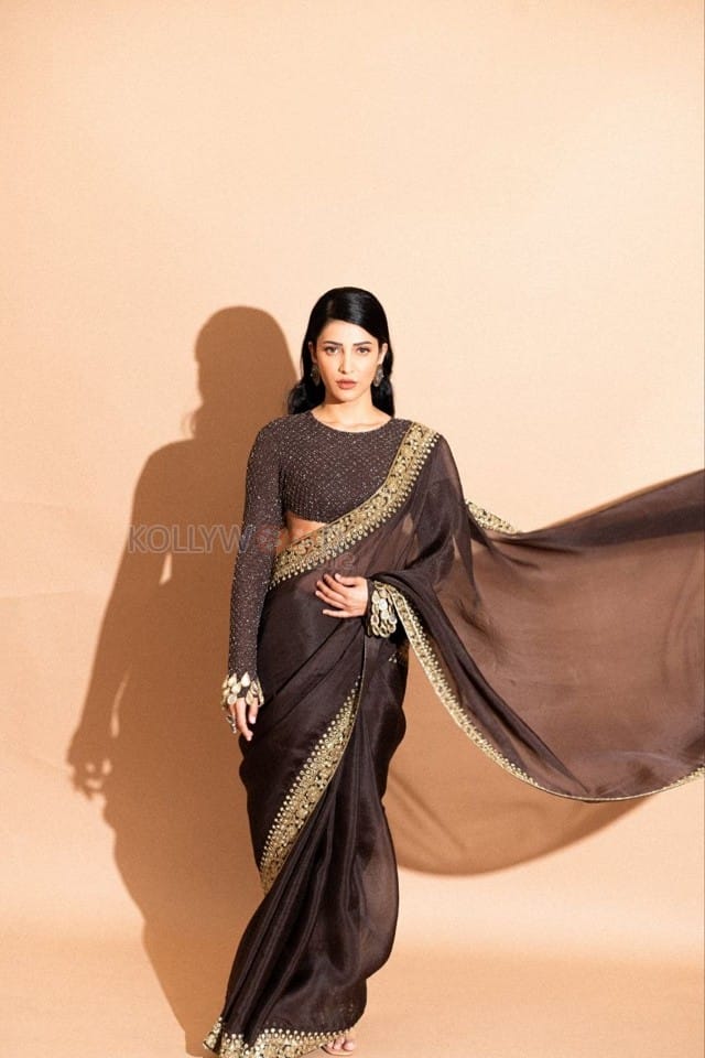 Beautiful Shruti Haasan in a Golden Brown Saree Photos 03