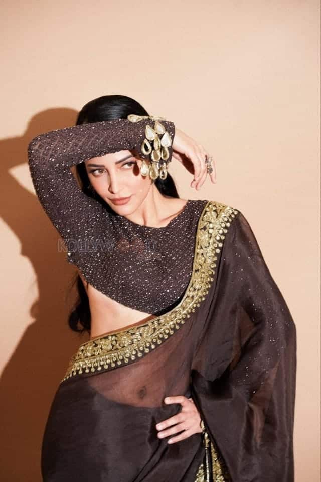 Beautiful Shruti Haasan in a Golden Brown Saree Photos 04