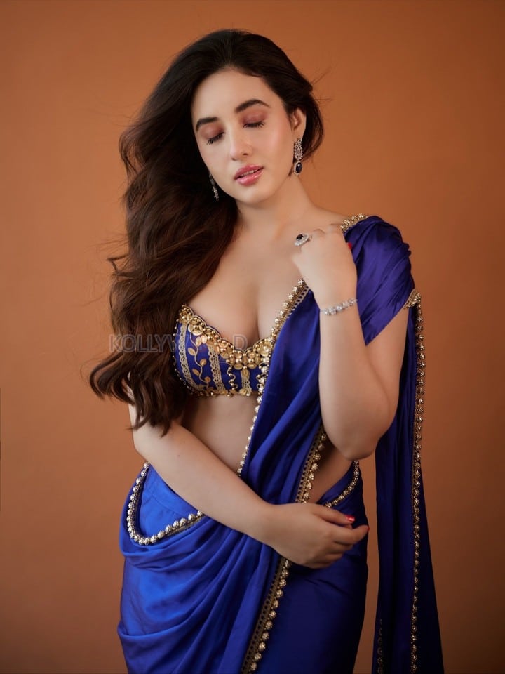 Bold Aditi Budhathoki in a Royal Blue Saree Pictures 03