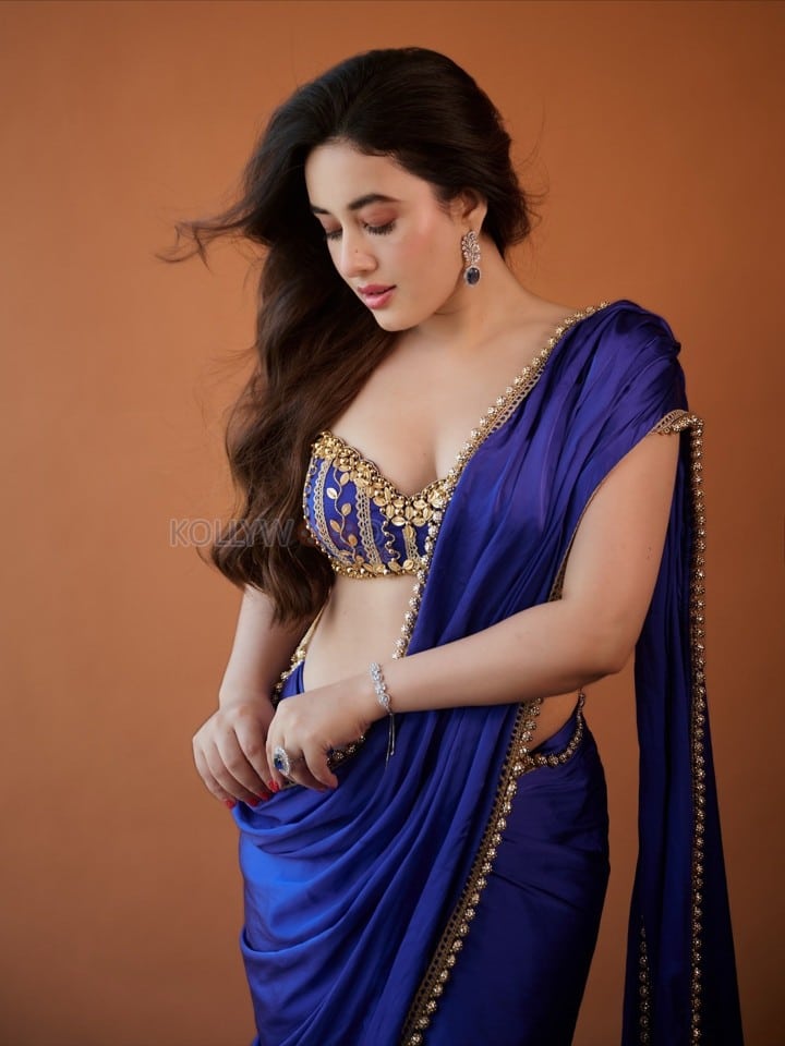 Bold Aditi Budhathoki in a Royal Blue Saree Pictures 05