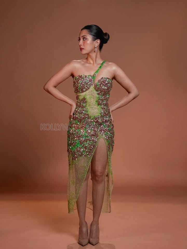 Bold and Glamorous Barkha Singh in a Green One Shoulder Sequin Ankle Length Dress Photos 03