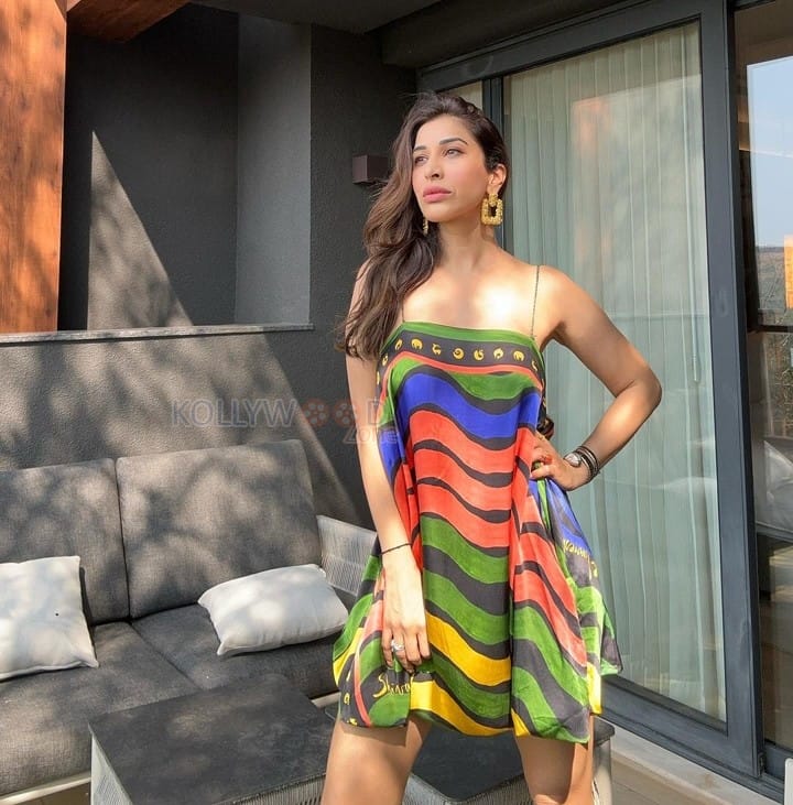 Curvy Beauty Sophie Choudry in a Colorful Printed Dress with Bare V Neck Back Dress Pictures 02