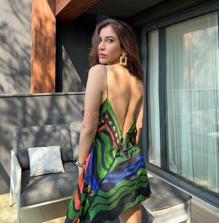 Curvy Beauty Sophie Choudry in a Colorful Printed Dress with Bare V Neck Back Dress Pictures 04