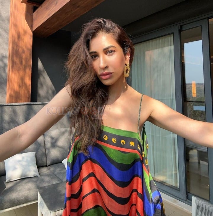 Curvy Beauty Sophie Choudry in a Colorful Printed Dress with Bare V Neck Back Dress Pictures 05