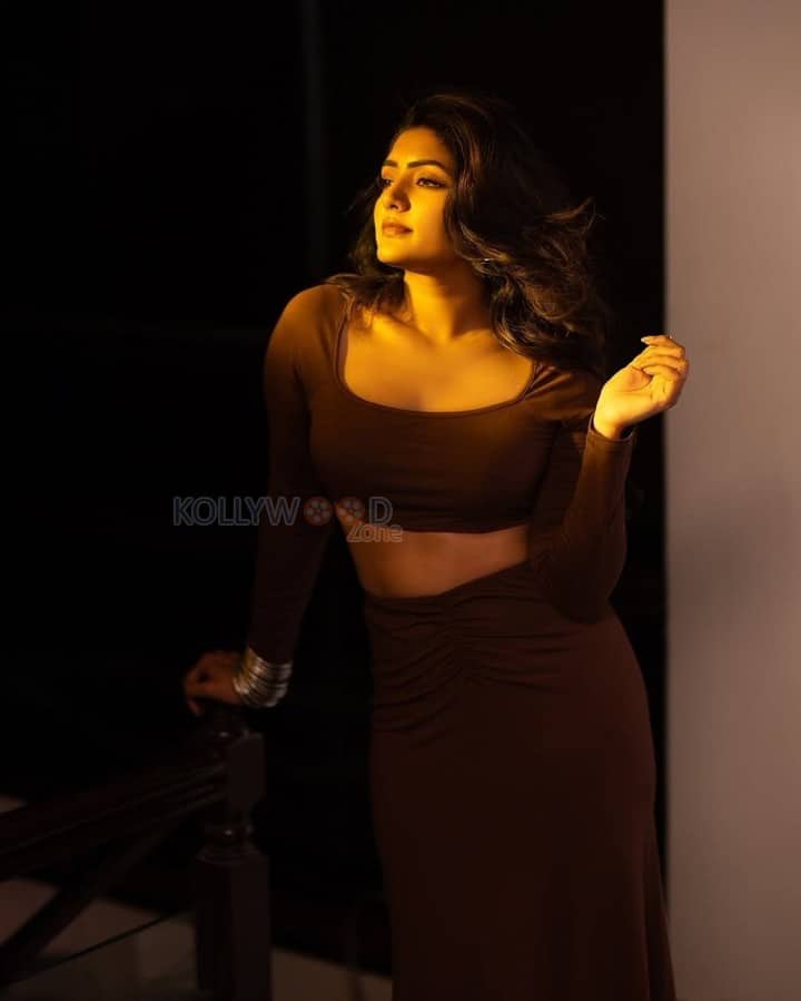 Glamorous Eesha Rebba in a Brown Two Piece Square Neck Long Sleeve Crop Top and Long Skirt Photos 07