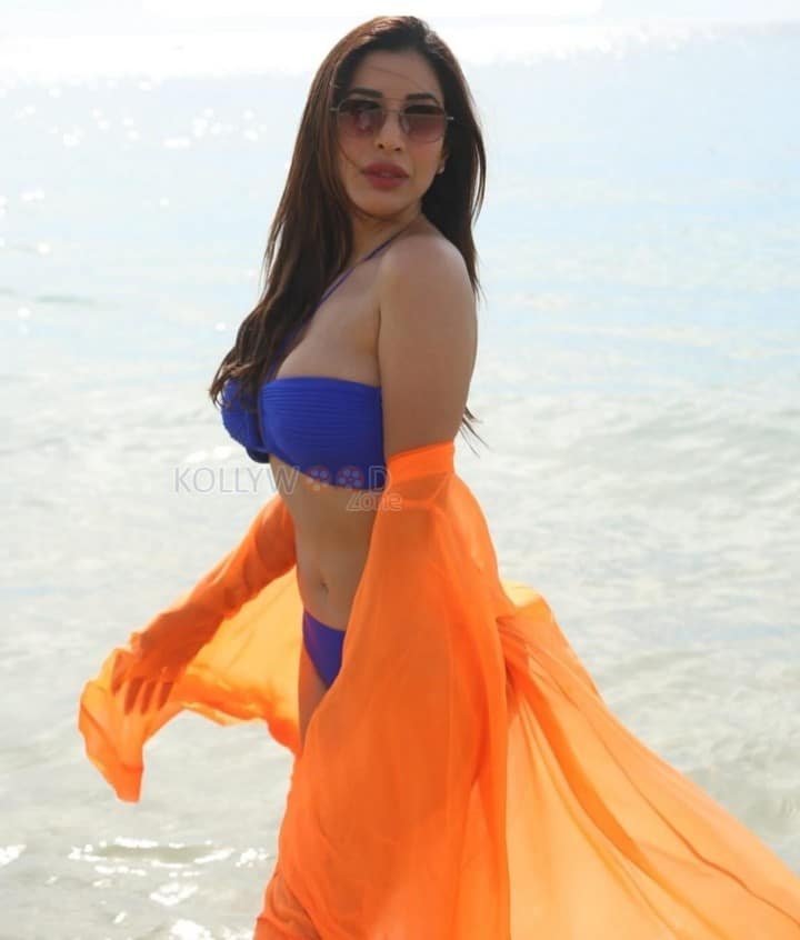 Hot Sophie Choudry in a Blue Beach Bikini Photos 01