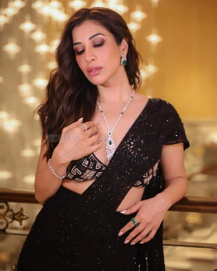 Sexy Sophie Choudry in a Thigh Slit Black Saree with a Printed Bikini Blouse Photos 03