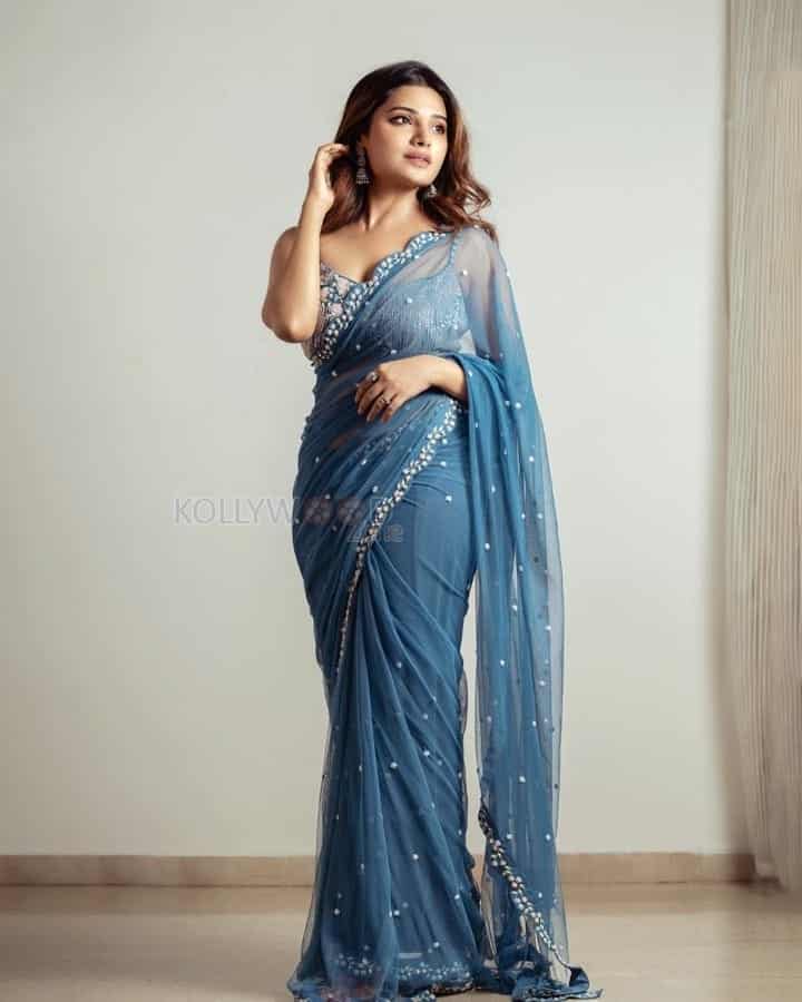 Stunning Aathmika in a Light Blue Saree Photos 03