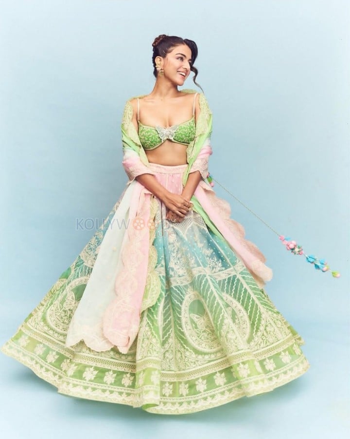 Genie Actress Wamiqa Gabbi in a Green Pink and Blue Lehenga with a Matching Cleavage Blouse Photos 03
