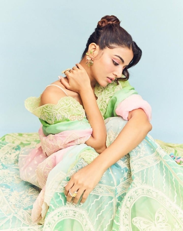 Genie Actress Wamiqa Gabbi in a Green Pink and Blue Lehenga with a Matching Cleavage Blouse Photos 04