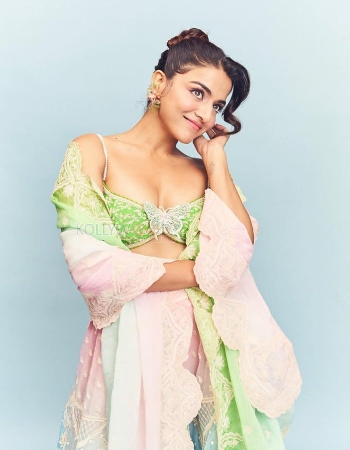 Genie Actress Wamiqa Gabbi in a Green Pink and Blue Lehenga with a Matching Cleavage Blouse Photos 05