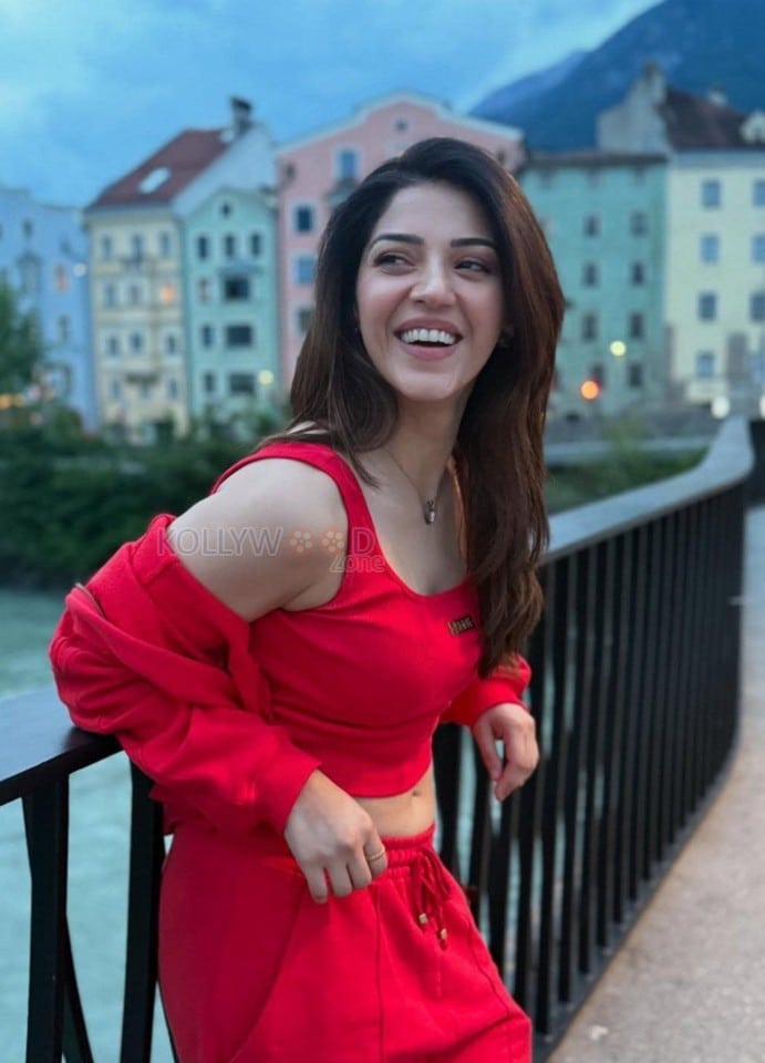 Gorgeous Mehreen Pirzada Navel in a Red Crop Top and Pants Photos 02