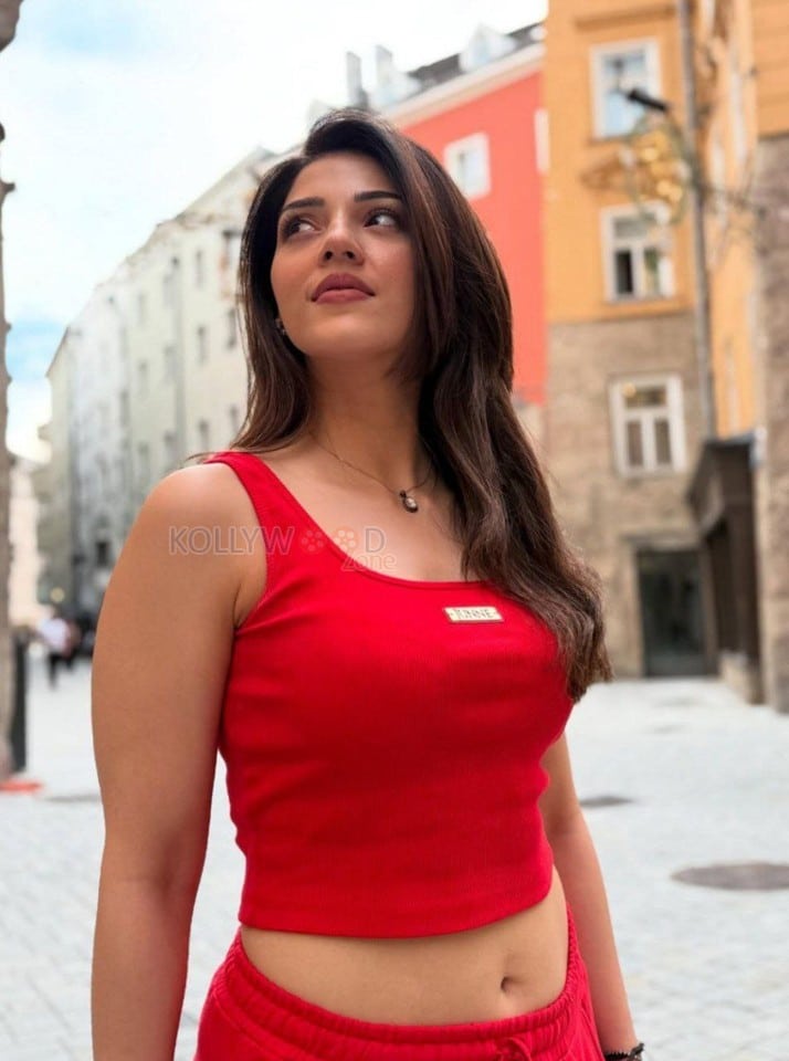Gorgeous Mehreen Pirzada Navel in a Red Crop Top and Pants Photos 07