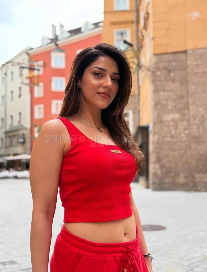 Gorgeous Mehreen Pirzada Navelin a Red Crop Top and Pants Photos 02