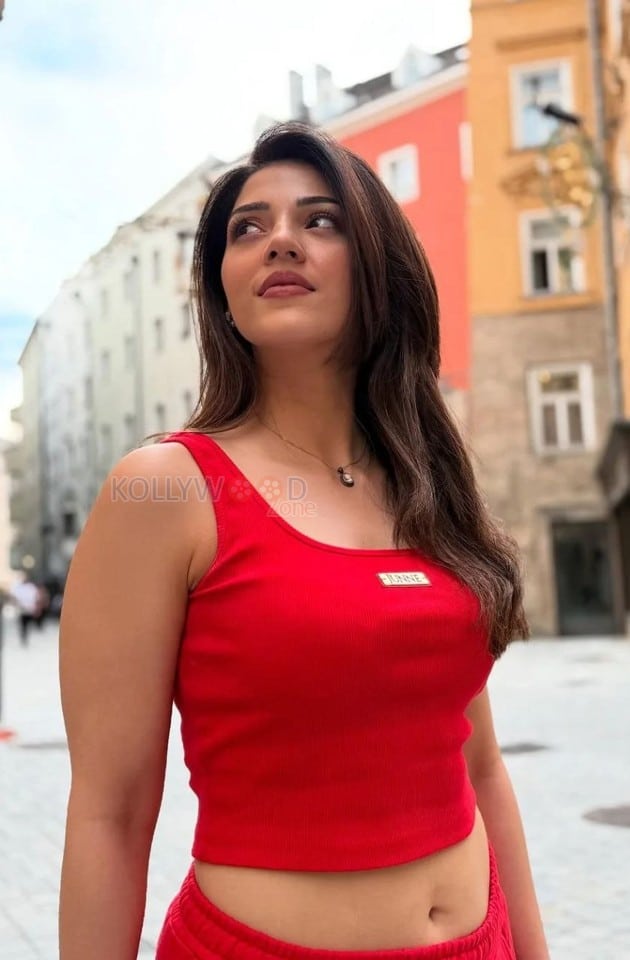 Gorgeous Mehreen Pirzada Navelin a Red Crop Top and Pants Photos 03