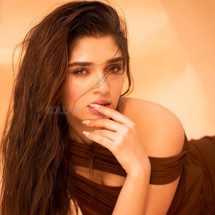 Charming Krithi Shetty in a Chocolate Brown off Shoulder Dress Photos 04