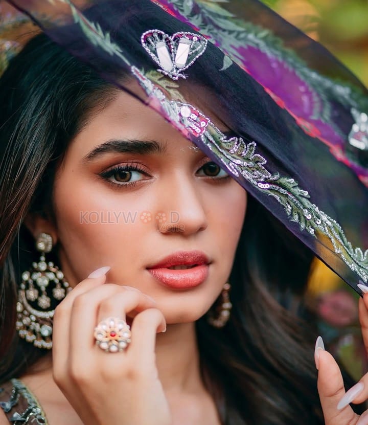 Elegant Krithi Shetty in a Purple Embroidered Lehenga with a Corset Style Top Photos 03