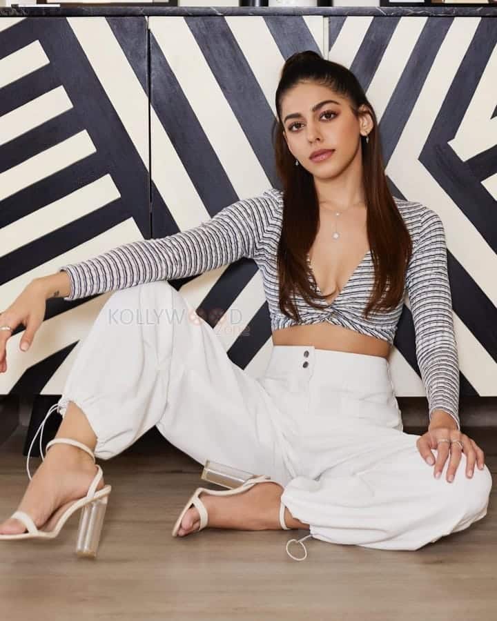 Glam Alaya Furniturewala in a Striped Crop Top and White Pants Photos 04