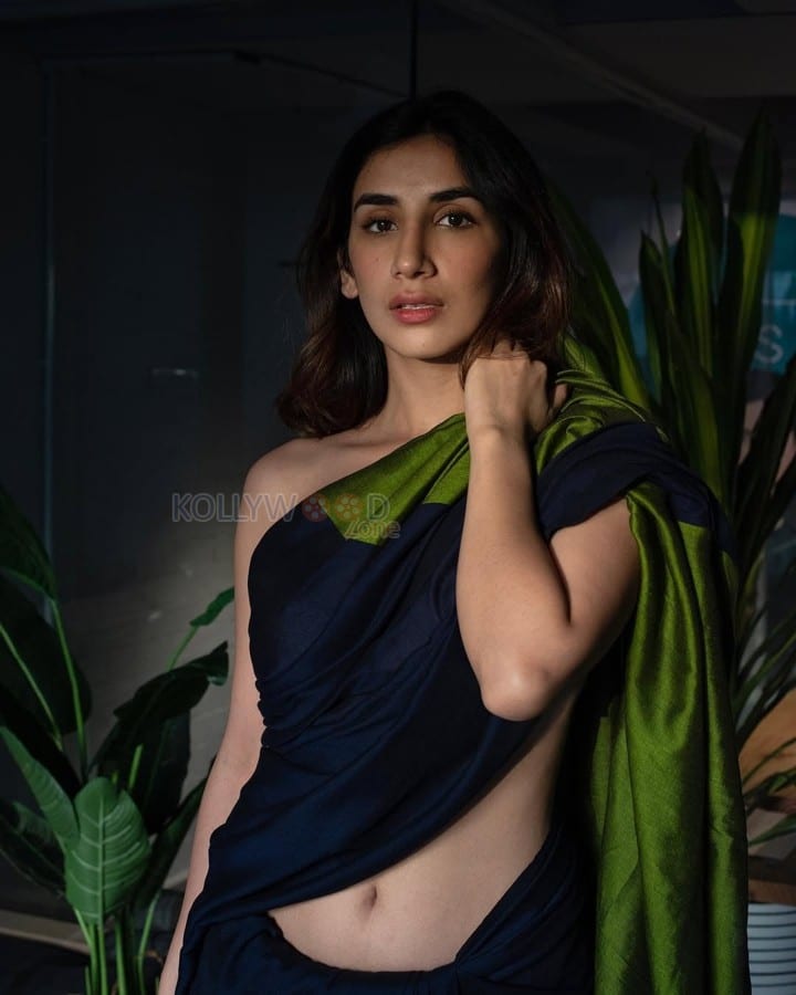Hot Parul Gulati Navel in a Blue and Green Braless Saree Photos 01
