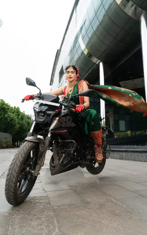 Adorable Adah Sharma Riding a Bike in Saree Pictures 02