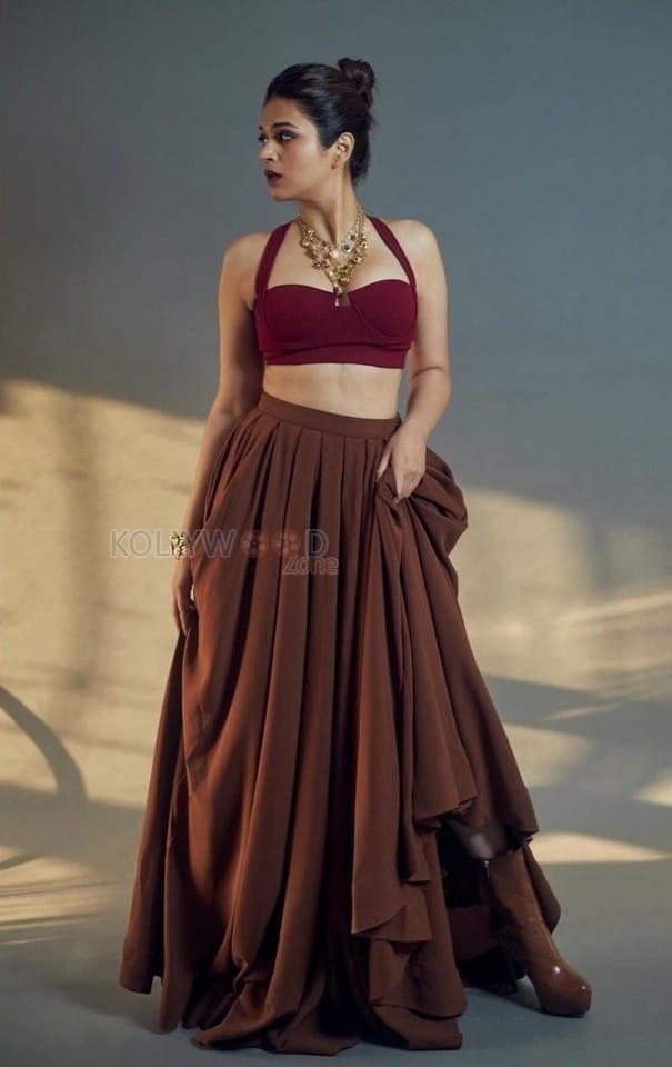Beautiful Actress Shraddha Das in a Brown Lehenga Choli Photos 03