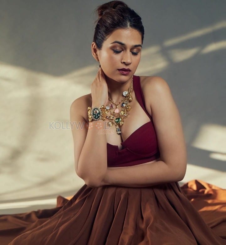 Beautiful Actress Shraddha Das in a Brown Lehenga Choli Photos 04