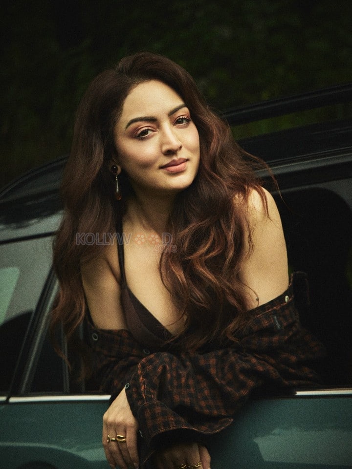 Bold Sandeepa Dhar in a Brown Satin Dress with an Oversized Checked Shirt Photos 03