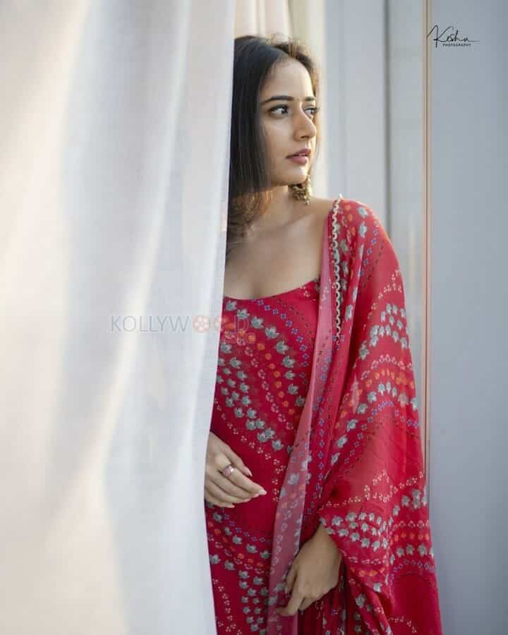 Cute Ashika Ranganath Red Saree Photoshoot Pictures 06