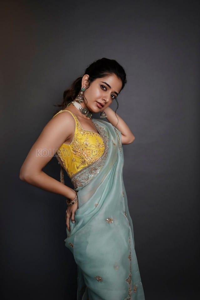 Dazzling Ashika Ranganath in a Yellow Sleeveless Blouse and Embroidered Saree Photos 03