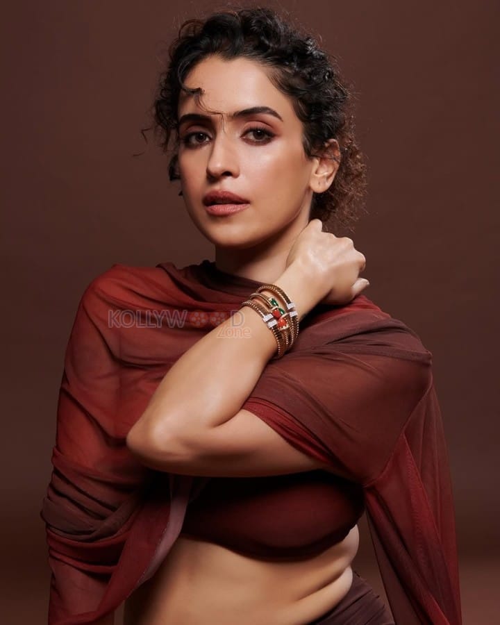Elegant Sanya Malhotra in a Rust Tube Top Skirt and Sheer Dupatta for Filmfare Photos 03