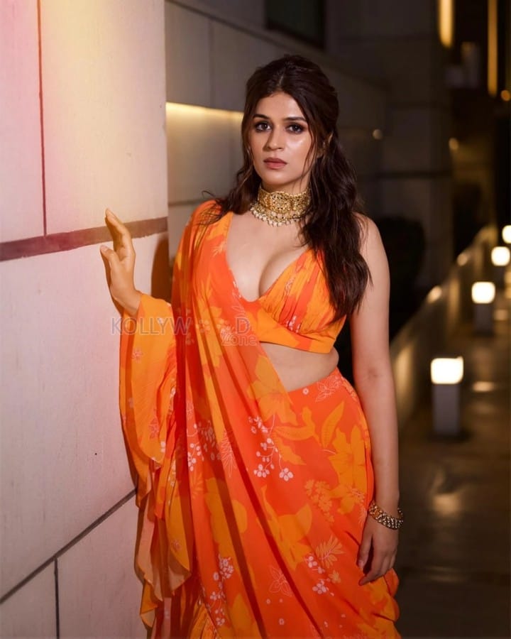 Hot Shraddha Das Cleavage in an Orange Saree with Deep Neck Blouse Pictures 04