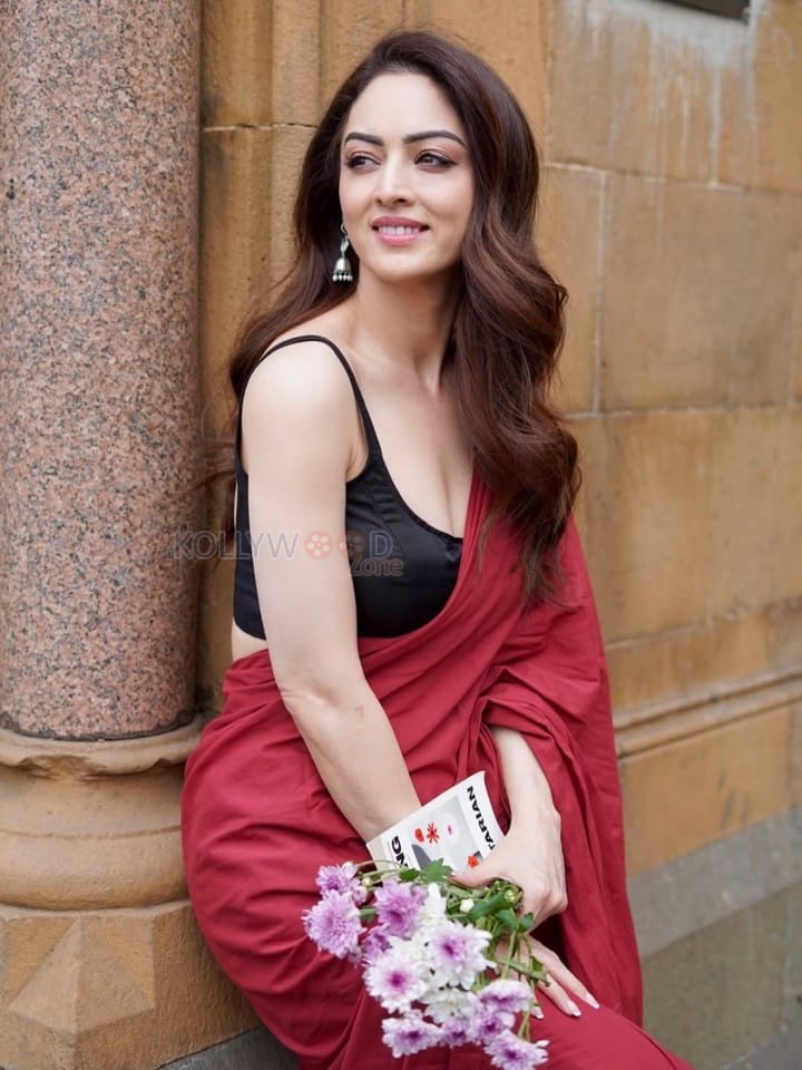 Punjabi Beauty Sandeepa Dhar in a Red Saree with a Black Sleeveless Blouse Photos 03