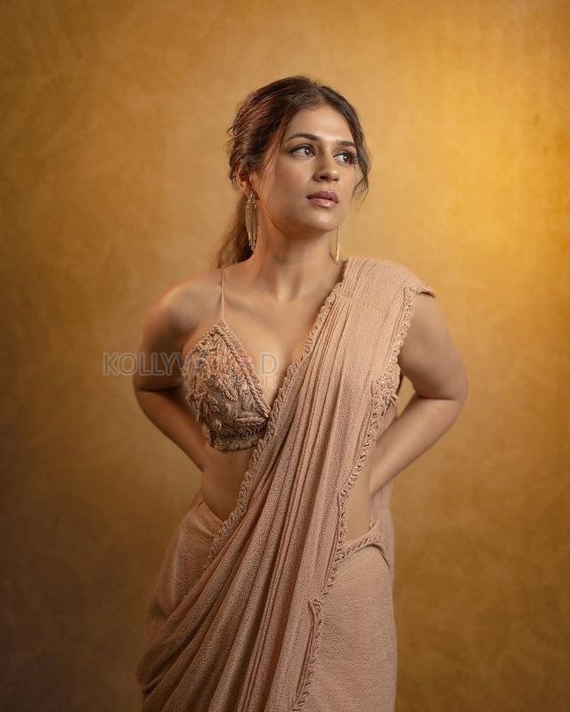 Sexy Shraddha Das in a Beige Saree with Sleeveless Blouse Pictures 08