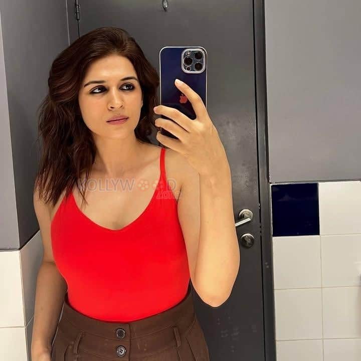 Sexy Telugu Beauty Shraddha Das Selfie in a Red Sleeveless Top and Brown High Waisted Pants Photos 02