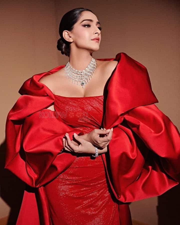 Stylish Sonam Kapoor in a Red Gown Photos 03